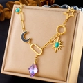 Collier doré de luxe avec soleil turquoise, lune, étoiles et pendentif en cristal - Style Multi-Pendentif Étoile Lune Soleil Doré (N2911)