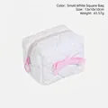 Portable white quilted PU makeup bag with pink bow and zipper pull, 13x10x10cm - White Small Square Bag