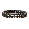 Detail of punk bead bracelet set featuring brown tiger eye stones and a metal cross charm - 6MM Tiger Eye & 4MM Hematite