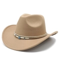Camel wide brim western cowboy hat with wool felt texture and evil eye beaded band decoration - M(56-59CM) / Camel