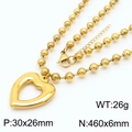 Golden stainless steel heart pendant necklace with beaded chain and product dimensions - Gold Heart Pendant Necklace (KN234427-Z)