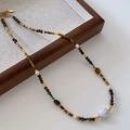 Tiger eye beaded necklace with white pearls and gold accents on a linen tray - Tiger Eye Pearl Necklace XL0360