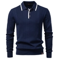 Detailed close-up of dark blue knit sweater collar with white contrast stripe trim - S / Navy Blue