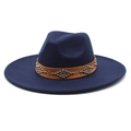 Detail of navy wool fedora hat featuring brown leather band with silver metal studs - Adult 56-59cm / Navy Blue