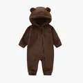 Barboteuse bébé en peluche marron foncé avec oreilles d'ours et fermeture éclair pratique - Marron