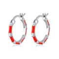 Detail of red enamel bamboo hoop earrings in S925 silver with sparkling zircon accents - Silver Red