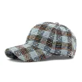 Plaid tweed baseball hat in light blue and brown multi-color weave with frayed edges - Adjustable / Blue