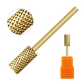 Macro view of gold cylinder nail drill bit with cross-cut texture and orange base - Gold Nail Drill Bit 05