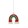 Détail d'un arc-en-ciel bohème fait main avec pompon rouge et franges en coton blanc - Rouge Mélangé