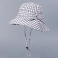 Detail of grey plaid sun hat with large bow decoration and adjustable windproof strap - M (56-58cm) / Gray