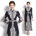 Navy blue long sleeve printed maxi dress with stand collar and waist belt detail - S / Black