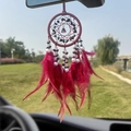 Dark red dream catcher car pendant with feathers and purple crystal teardrop detail - Burgundy