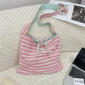 Detail of pink striped canvas tote bag with mint green drawstring bow and soft texture - Pink Striped
