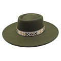 Dark green wide brim wool felt hat with vintage ethnic pattern headband for men and women - M (56-58cm) / Army Green