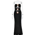 Abito lungo aderente nero sexy con ritagli e eleganti accenti floreali dorati - S / Nero
