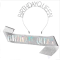 Detail showing silver BIRTHDAY QUEEN tiara and glitter sash for girls birthday parties - Birthday Queen / Queen Holographic Silver Set
