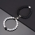Magnetic heart couple bracelets with matte black and white marble natural stone beads - White Turquoise & Frosted Black With Heart Magnet