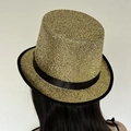 Classic magician top hat featuring gold sequins and a black satin ribbon band - L(Circumference 58cm-Height 13cm) / Dark Gold-Black Ribbon