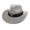 Detail of dark grey western cowboy hat with a metal bull head icon on a studded leather band - M (56-58cm) / Light Gray