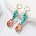 Bohemian shell drop earrings with turquoise stones and vintage gold hoops for summer beach - 03 KC Gold Turquoise K-257