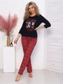 Dames pyjama set met zwarte grafische top met rock bunny en rode geruite broek - S / Rood Geblokt