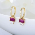 S925 sterling silver hoop earrings with square red zircon and clear stone accents - 925 Silver / Yellow