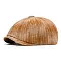 Classic brown striped newsboy cap with vintage textured fabric and button top - Khaki