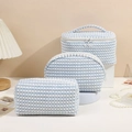 Three-piece set of blue and white checkered plush makeup bags in various sizes - Blue 3-Piece Set