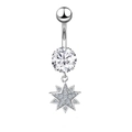 Silver belly button ring with large round zircon and dangling octagonal star pendant - Octagonal Star Style JE0172E
