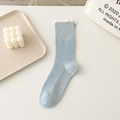 Pastel blue cotton crew socks with frilly white lace trim and ribbed texture - One Size / Milky Blue