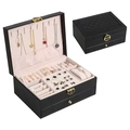 Double-layer black leather jewelry organizer with velvet interior and metal lock - Rhombic Double Layer / Black