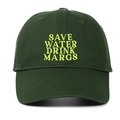 Close-up of Save Water Drink Margs neon yellow embroidery on a green cotton baseball cap - Army Green