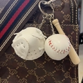 Miniature white baseball keychain set with wooden bat and glove accessory for bags - 3.5CM All White