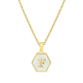 Collar de oro de 18K con colgante hexagonal de nácar y el diseño de letra F - Con cadena / Letra Blanca F