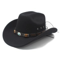 Chapeau de cowboy classique en laine noire avec ornement turquoise et perles en bois - M (56-58cm) / Noir