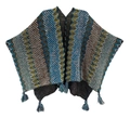 Ethnic knit shawl with multi-color wave patterns and bohemian fringe tassels - Glacier Blue