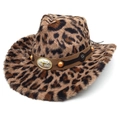Cappello da cowboy leopardato in ecopelliccia con cinturino in pelle e fibbia a toro - M (56-58cm) / Parte Superiore a Cuore / Caffè Chiaro