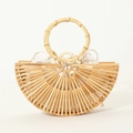 Detail of handmade semi-circular bamboo handbag with round handle and canvas drawstring bag - AJ-4 Bamboo Handle