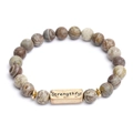 Natural brown stone beaded bracelet with antique gold 'Strengthful' metal plaque - Brown Landscape Stone-Strengthful