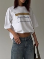 Minimalist white letter print t-shirt for women in loose cotton fit with crew neck - S / White