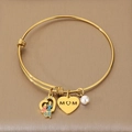 Adjustable golden Mom heart charm bracelet with pearl and enamel silhouette charm - Glaze Heart Mother-Child Style (KB203627-Z)