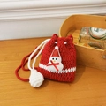 Handmade red knit drawstring Christmas bag with a 3D cute snowman and white pom-poms - Red Snowman Style