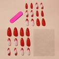 Uñas postizas de almendra rojas con ondas de purpurina y puntas francesas con pegamento - Estilo Francés de Ondas de Brillo Rojo(XL-32-17)