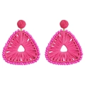Handmade fuchsia raffia earrings with triangular openwork weave and resin beads - Rose Red Triangle Hollow Woven Earrings
