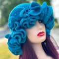 Handcrafted turquoise blue ruffled knit hat with layered crochet textures for fashion - Adult 56-59cm / Sky Blue
