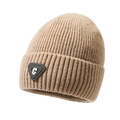 Women's khaki ribbed knit beanie with stylish triangular leather patch for winter - One Size / Deep Beige