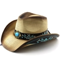 Bohemian straw cowboy hat with turquoise stone and blue floral embroidery in light beige - M (56-58cm) / Beige