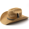 Classic straw western cowboy hat with breathable hollow crown and natural feather accent - M(56-58cm) / Khaki