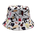 Detail of white cotton bucket hat featuring colorful cosmetic themed print patterns - M (56-58cm) / White
