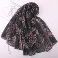 Long voile scarf with pink floral prints on black background for sun protection - Black Pink Floral